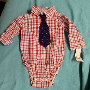 Brand new with tags Carter's button up plaid w/tie boys size 9 months onesie